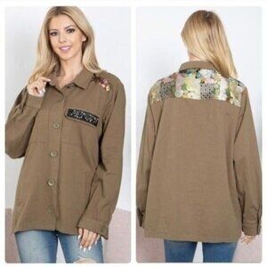 Womens Button-Up Khaki Jacket/SHACKET W/Floral & Sequin Details Relaxed